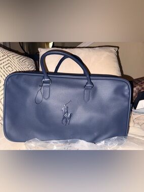 Ralph Lauren Navy Leather Duffel with Embossed Polo